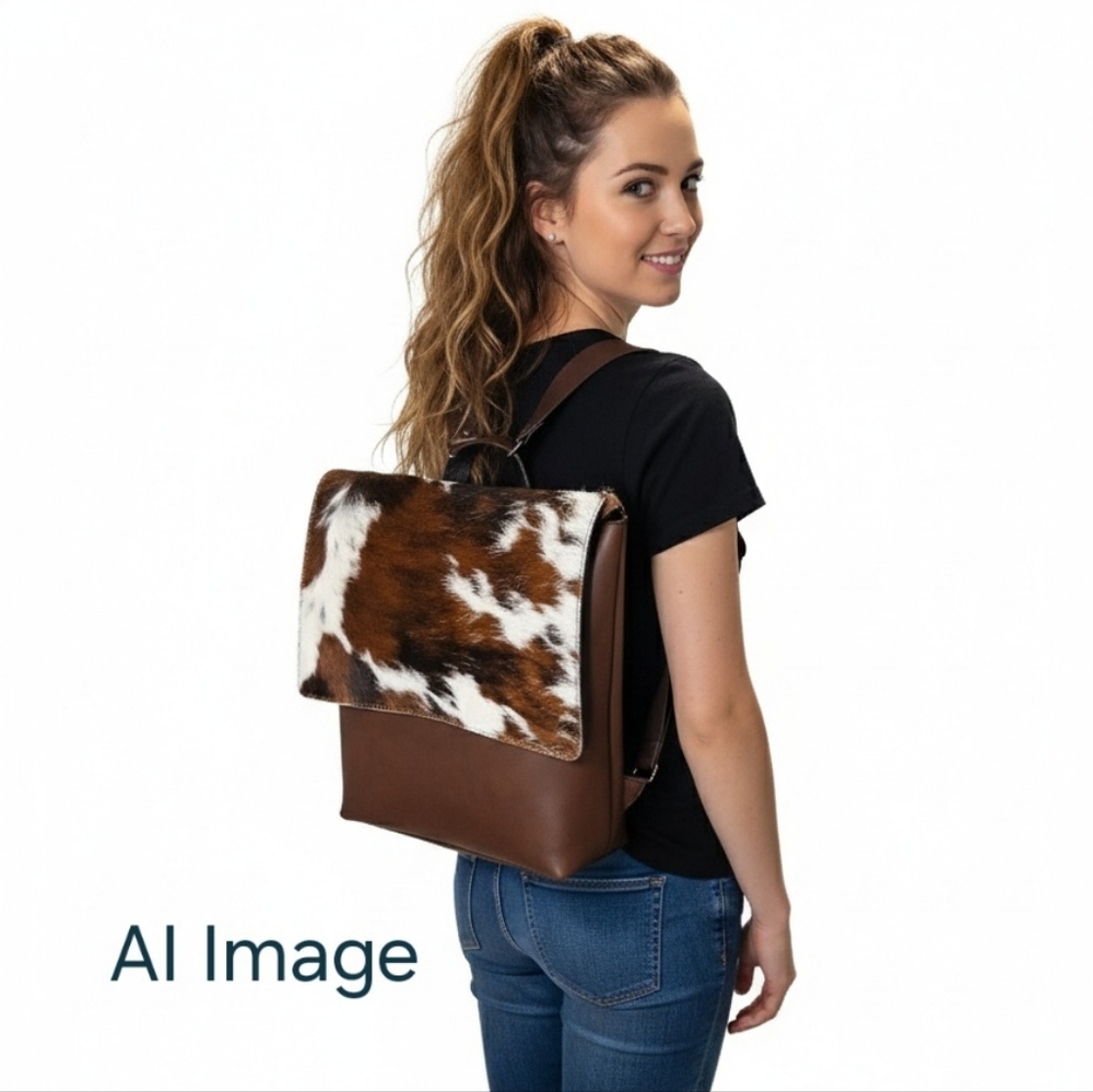 Hand Crafted Genuine Leather Hair on Cowhide Backpack Bag Handle Large Capacity